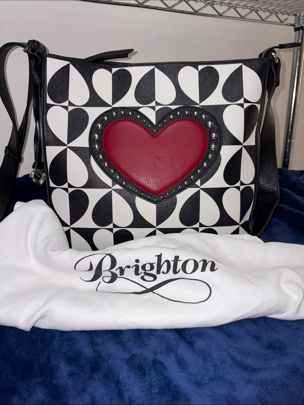 Brighton Black & White Heart Patchcrossbody w/Red Stud Heart TOM CLANCY